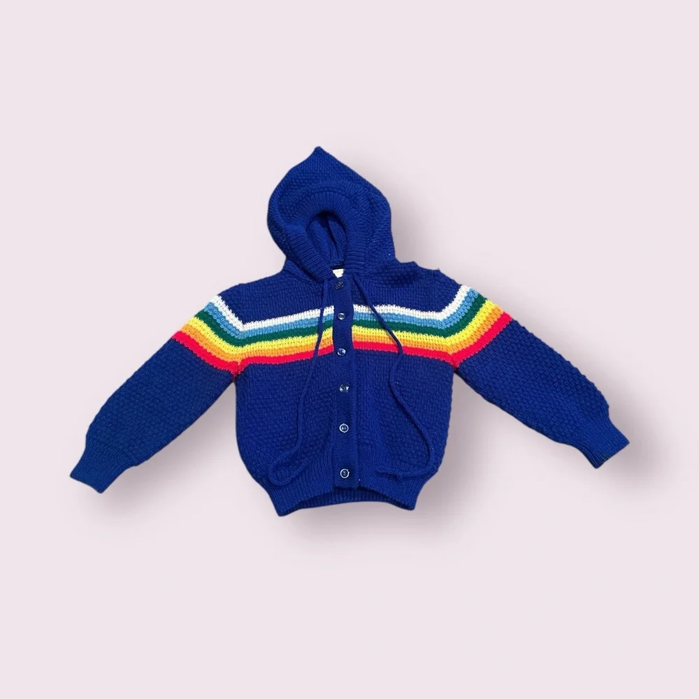 Vintage Baby Blue Rainbow Colorful Hooded Knit Cardigan Sweater Sz 18 Mon